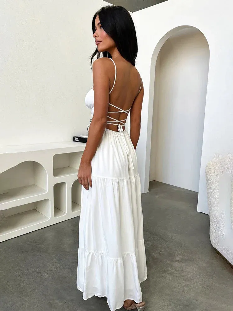 Elegant A-line Spaghetti Strap Spring Summer Backless Sexy Party Maxi Dress