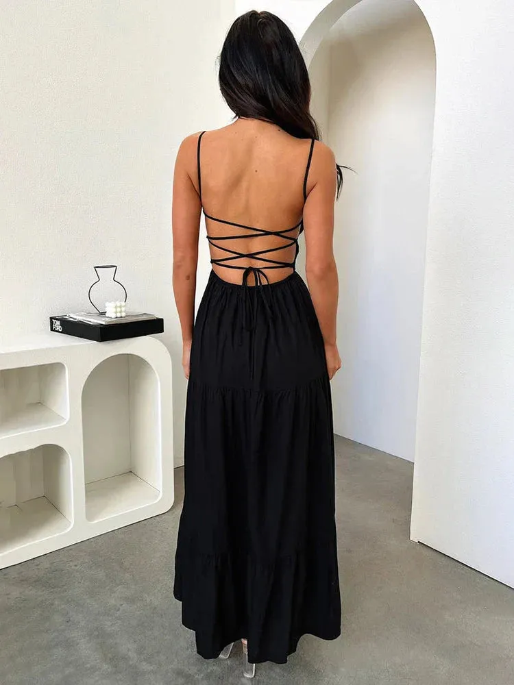 Elegant A-line Spaghetti Strap Spring Summer Backless Sexy Party Maxi Dress