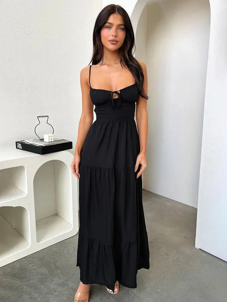 Elegant A-line Spaghetti Strap Spring Summer Backless Sexy Party Maxi Dress