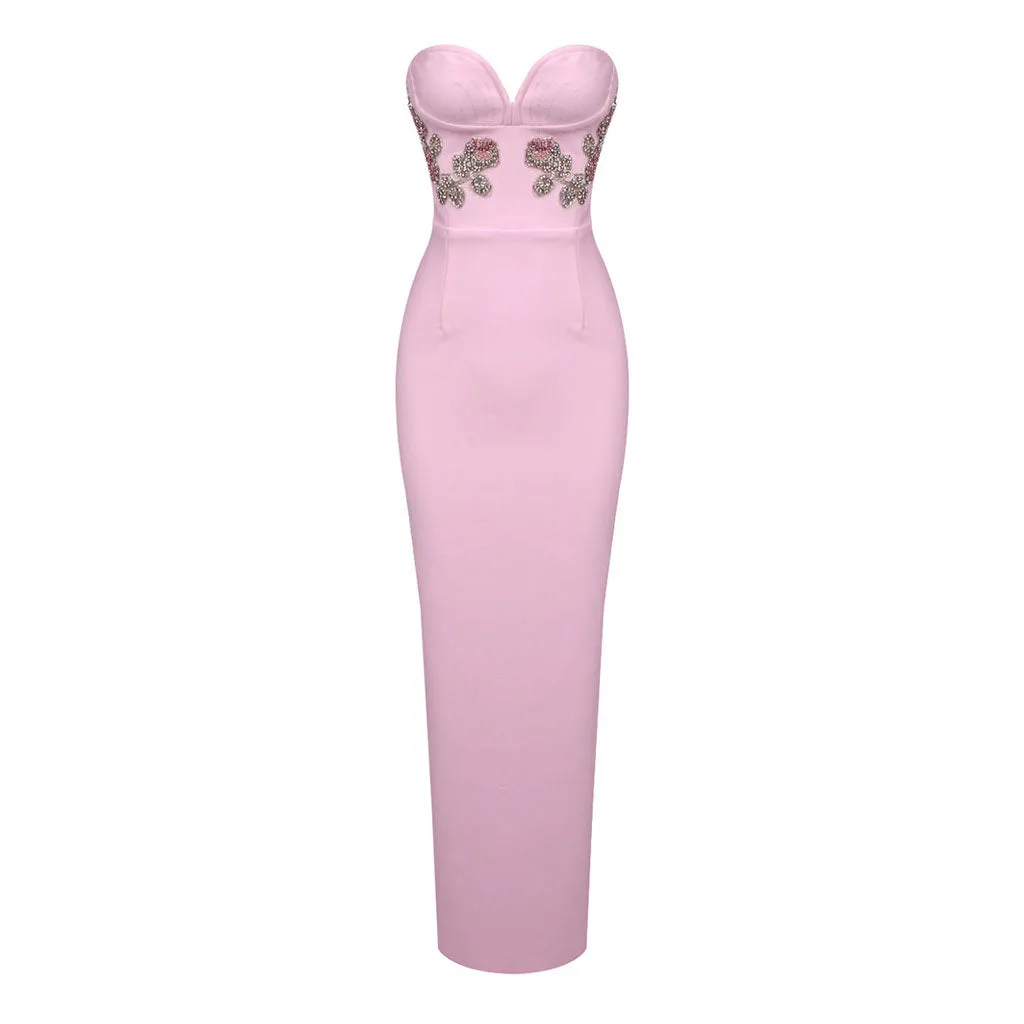 Elegant Crystal Floral Strapless Bustier Split Bodycon Bandage Maxi Formal Dress