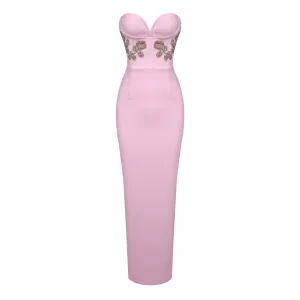 Elegant Crystal Floral Strapless Bustier Split Bodycon Bandage Maxi Formal Dress