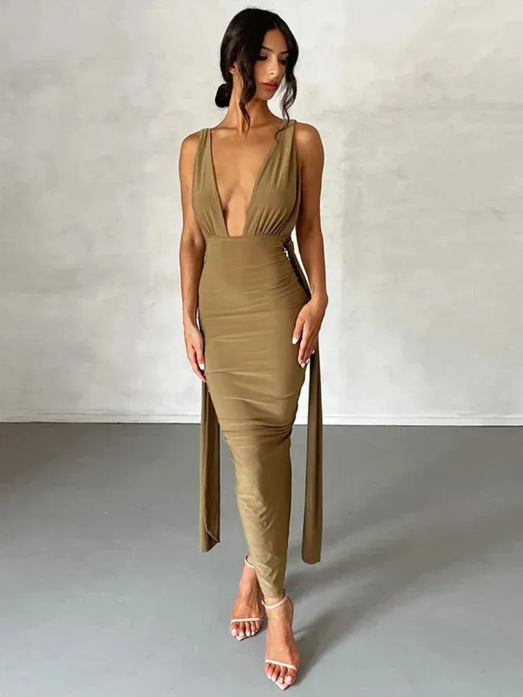 Elegant Long Deep V Neck Bandage Bodycon Backless Nightclub Sexy Party Maxi Dress