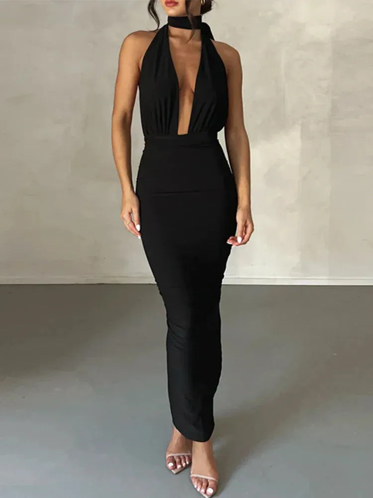 Elegant Long Deep V Neck Bandage Bodycon Backless Nightclub Sexy Party Maxi Dress