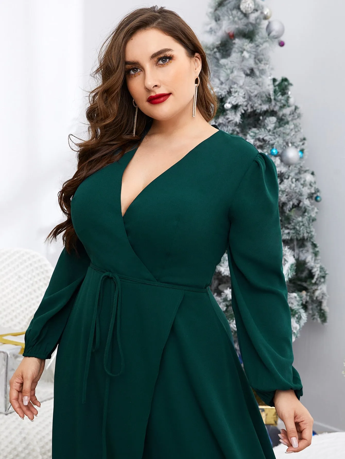 Elegant Plain Wrap Long Sleeve Deep V Neck Wrap High Waist Maxi Plus Size Dress