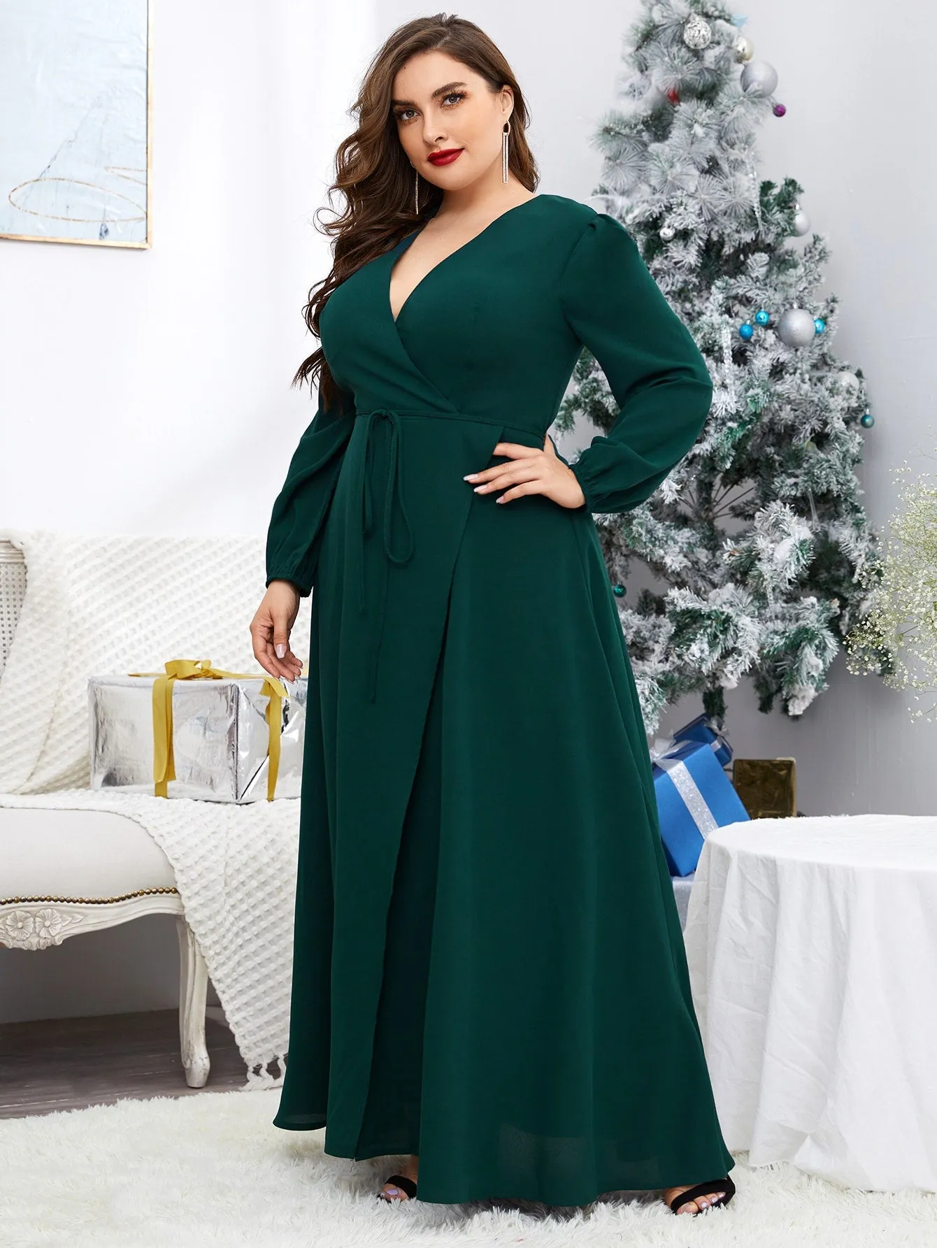 Elegant Plain Wrap Long Sleeve Deep V Neck Wrap High Waist Maxi Plus Size Dress