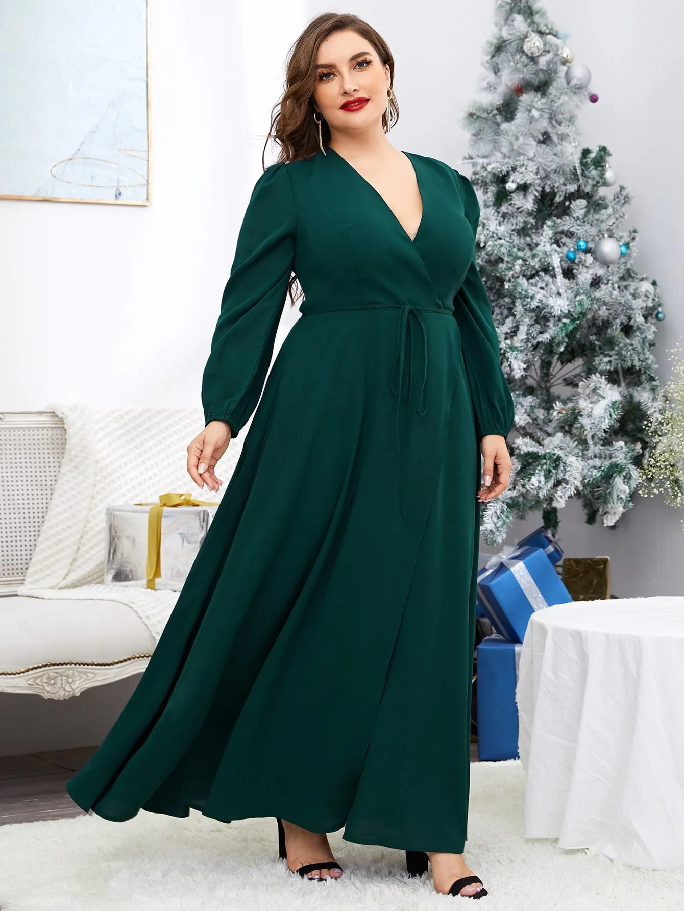 Elegant Plain Wrap Long Sleeve Deep V Neck Wrap High Waist Maxi Plus Size Dress