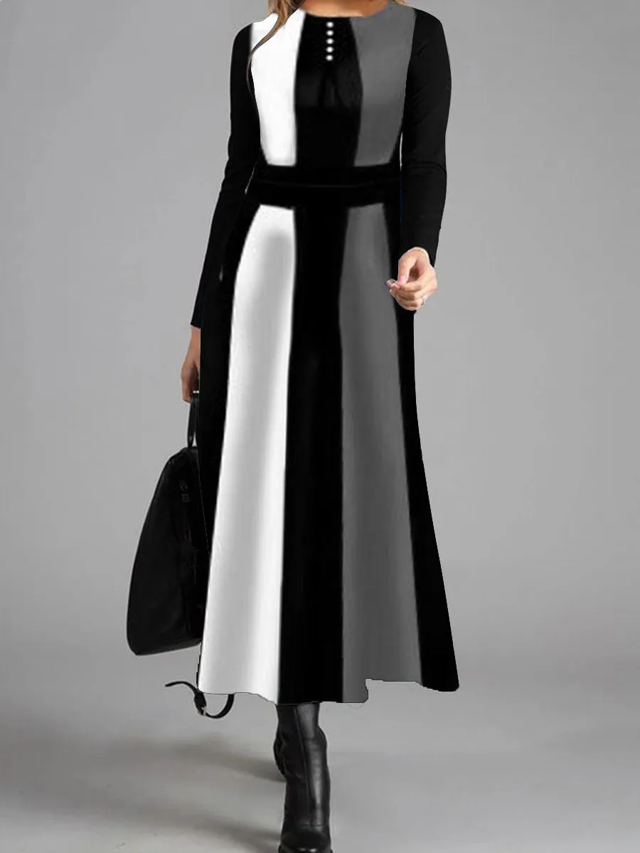 Elegant Retro Color Matching Long Sleeve Maxi Dress