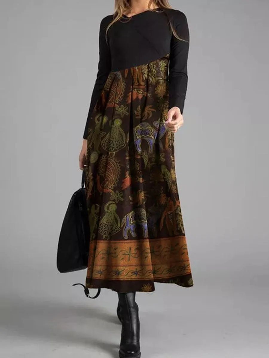 Elegant Retro Floral Long Sleeve Maxi Dress