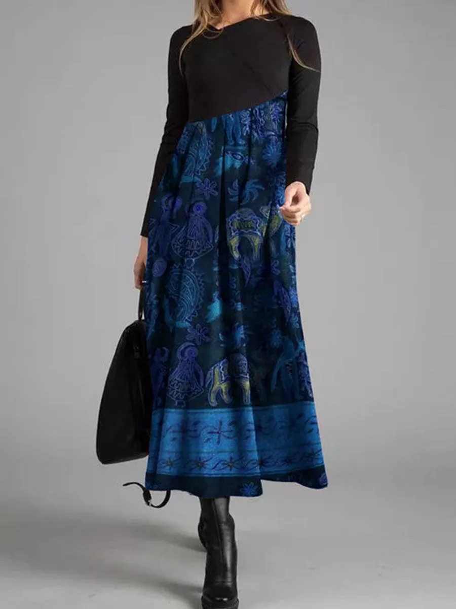 Elegant Retro Floral Long Sleeve Maxi Dress