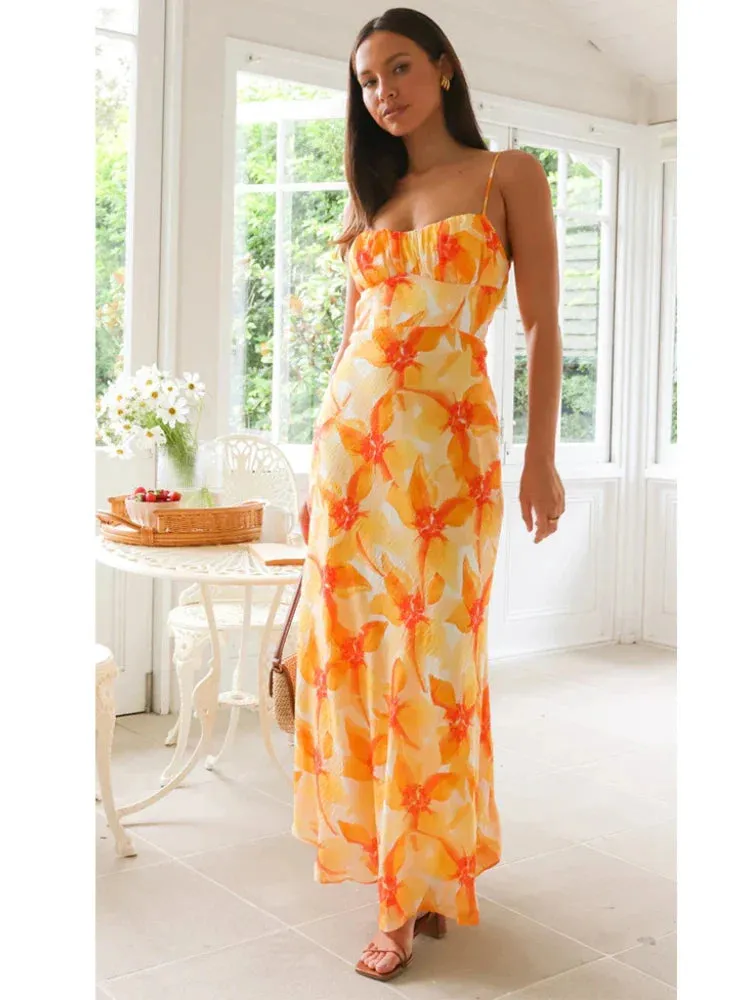 Elegant Summer Women Floral Print Midi Long Backless Maxi Dress