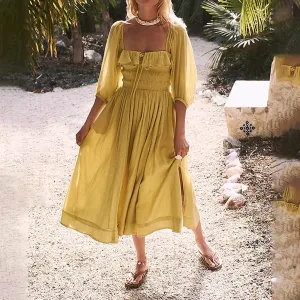 Fairycore Summer Square Neck Ruffles Solid Color Trendy Flowy High Split Beach Party Maxi Elegant Dress