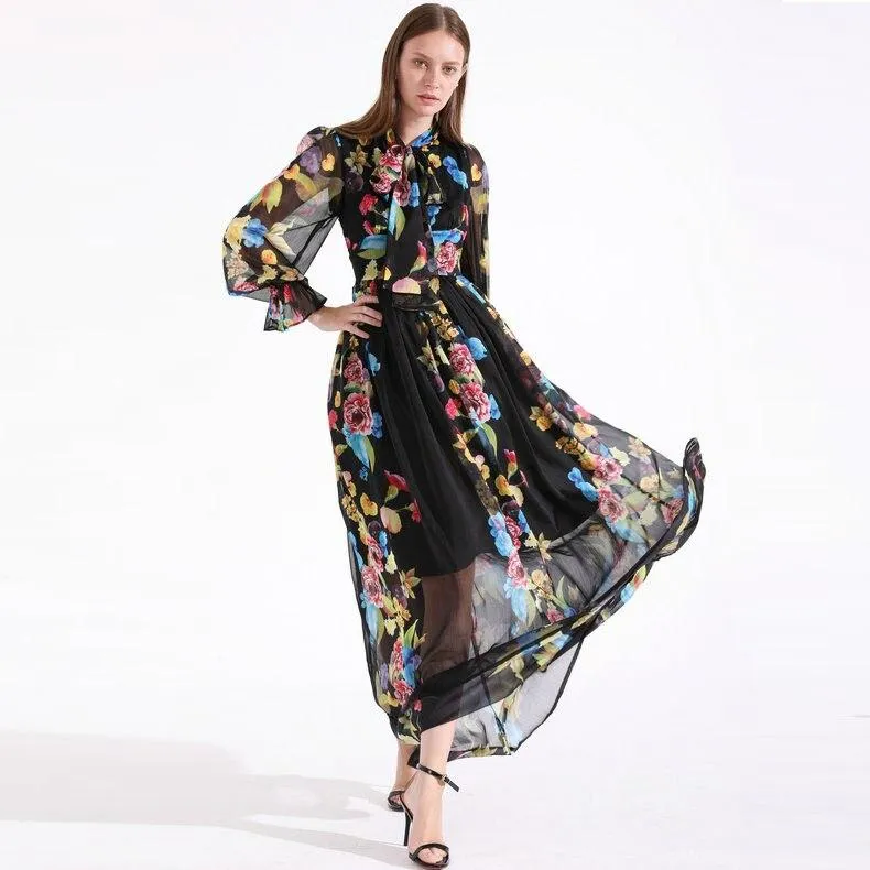 FashionSierra - Long Sleeves Ruffles Floral Printed Elegant Maxi Casual Dresses