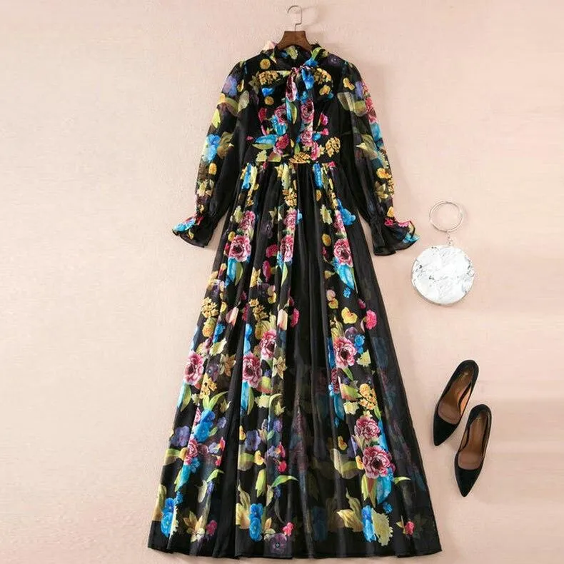 FashionSierra - Long Sleeves Ruffles Floral Printed Elegant Maxi Casual Dresses