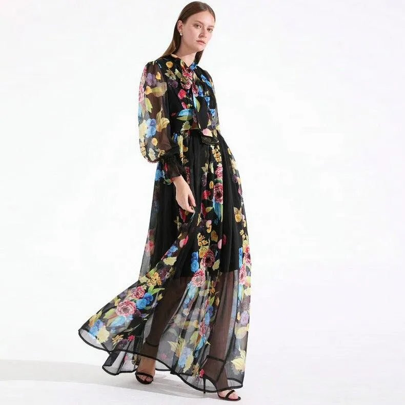 FashionSierra - Long Sleeves Ruffles Floral Printed Elegant Maxi Casual Dresses