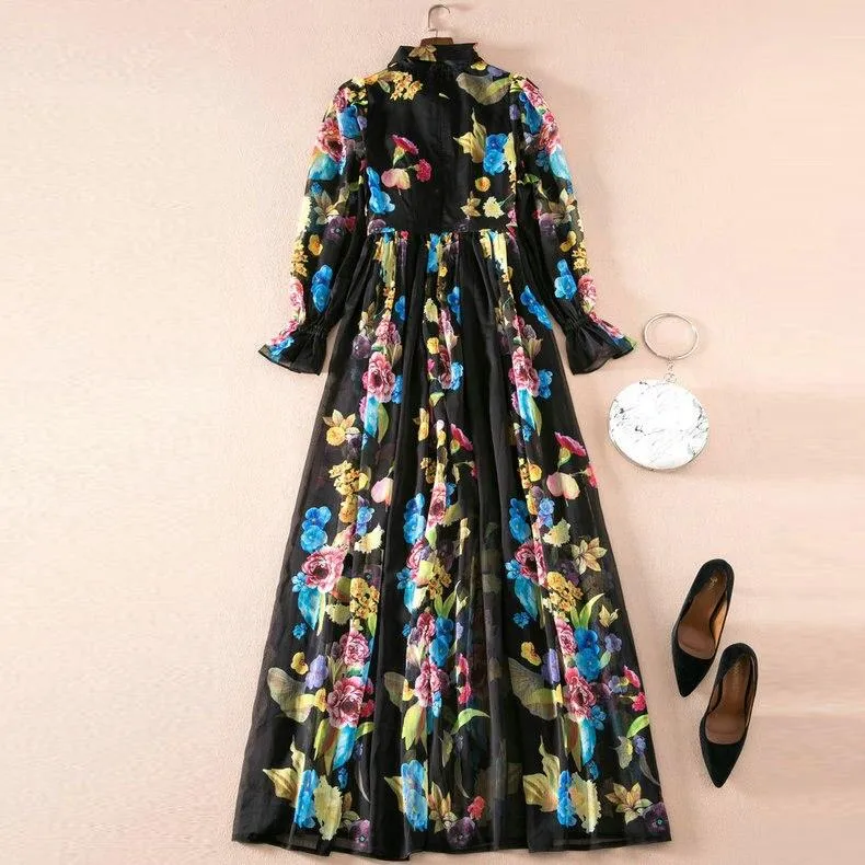 FashionSierra - Long Sleeves Ruffles Floral Printed Elegant Maxi Casual Dresses