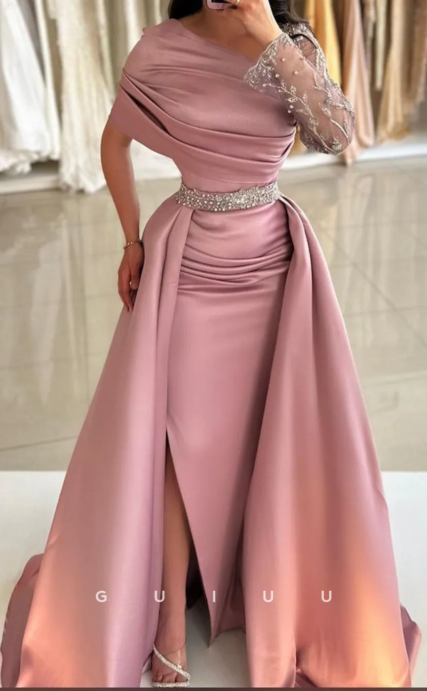 G3385 - Elegant & Luxurious Asymmetrical Neckline Overskirt Gown High Side Slit Beaded Lace Formal Party Prom Dress