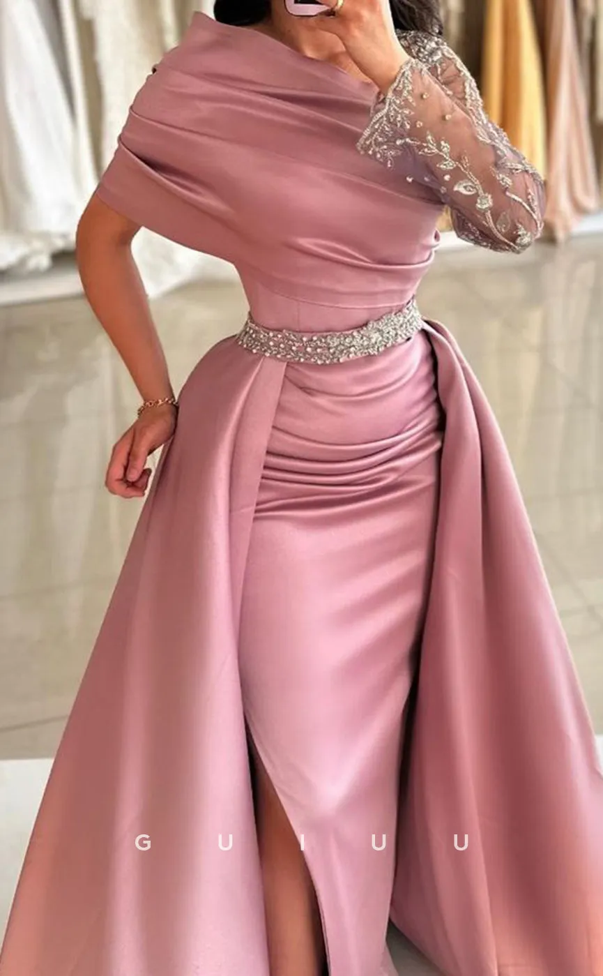 G3385 - Elegant & Luxurious Asymmetrical Neckline Overskirt Gown High Side Slit Beaded Lace Formal Party Prom Dress