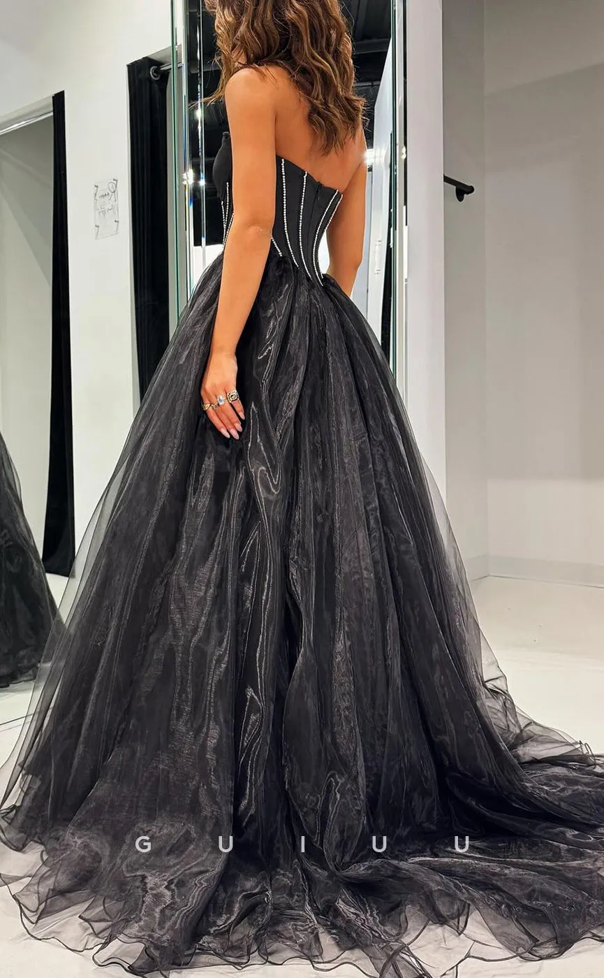 G3672 -  A-Line Strapless Sleeveless Back Zipper Mesh Long Prom Dress with High Side Slit