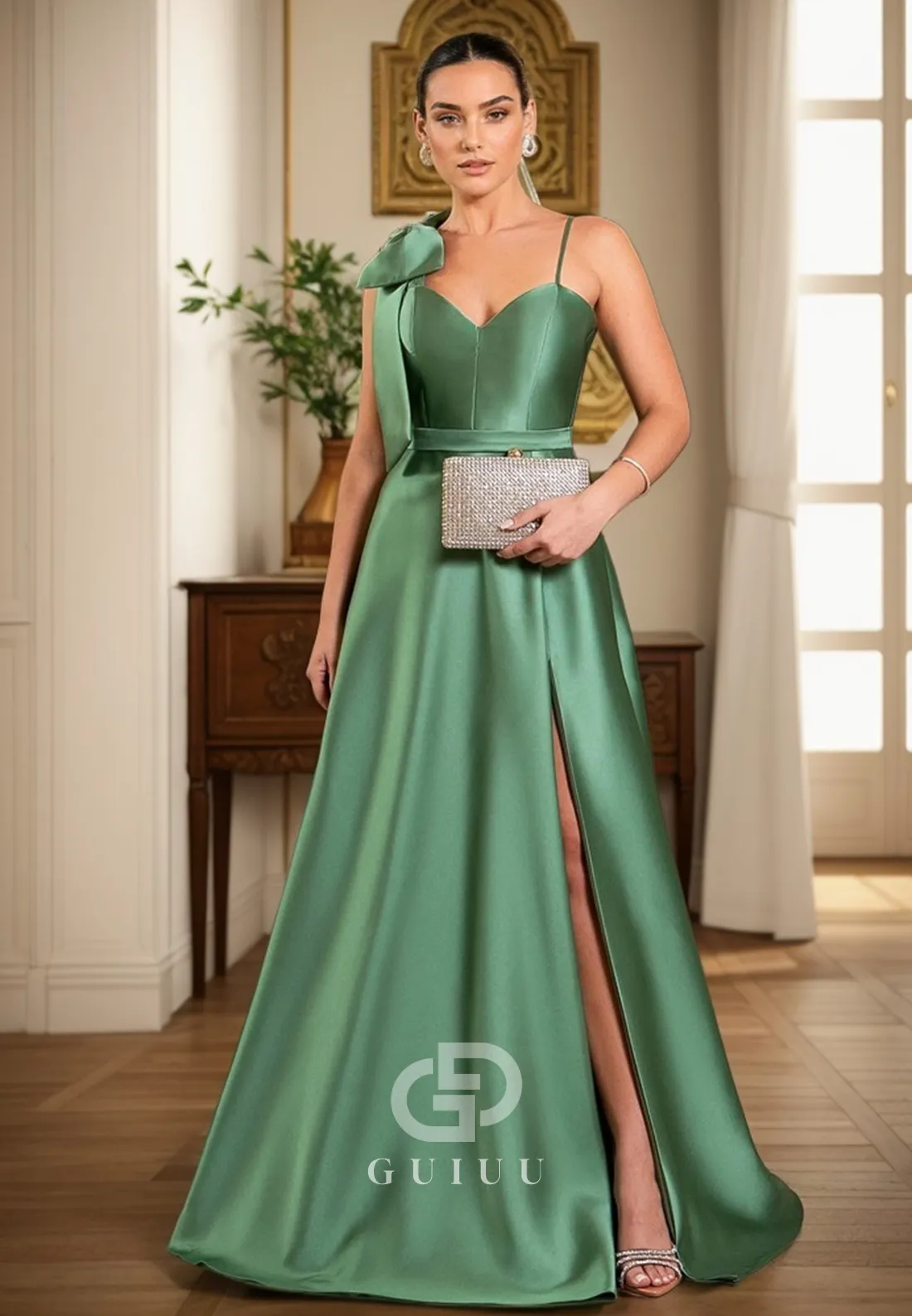 G4733 -  A-Line Strapless Straps Sleeveless Satin Long Prom Dress with Boe Knot and Slit