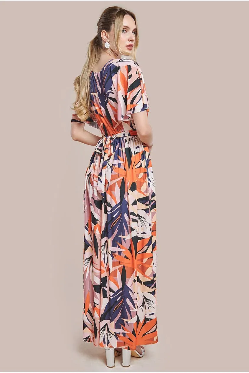 Goddiva Floral Print Flutter Sleeve Maxi - Orange Print