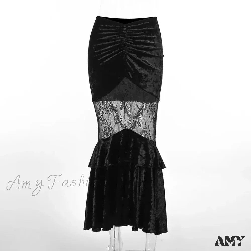 Gothic Women Sexy Lace Grunge Velvet Fairy Black Skirt Fishtail Stitching Fall