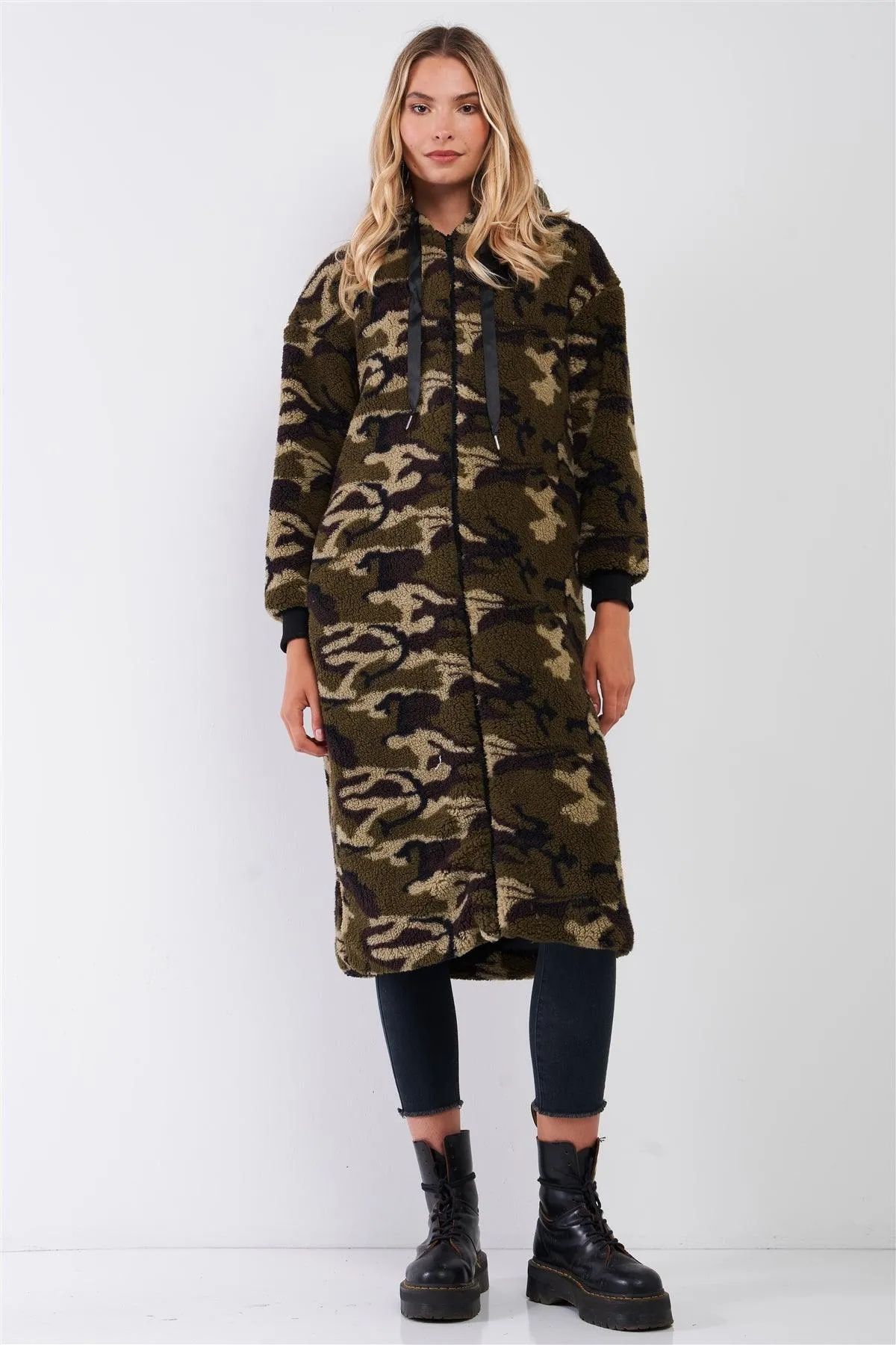 Green Camo Polar Fleece Zip-Up Front Fuzzy Midi Coat Jacket /2-2-2