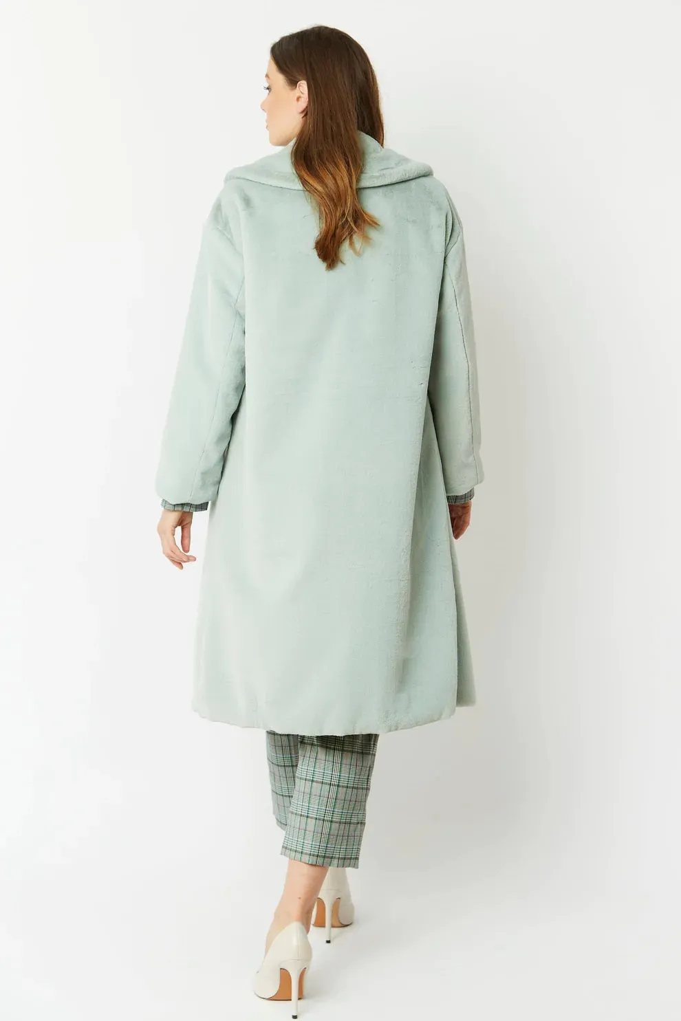 Light Green Faux Fur Midi Shaved Shearling Coat