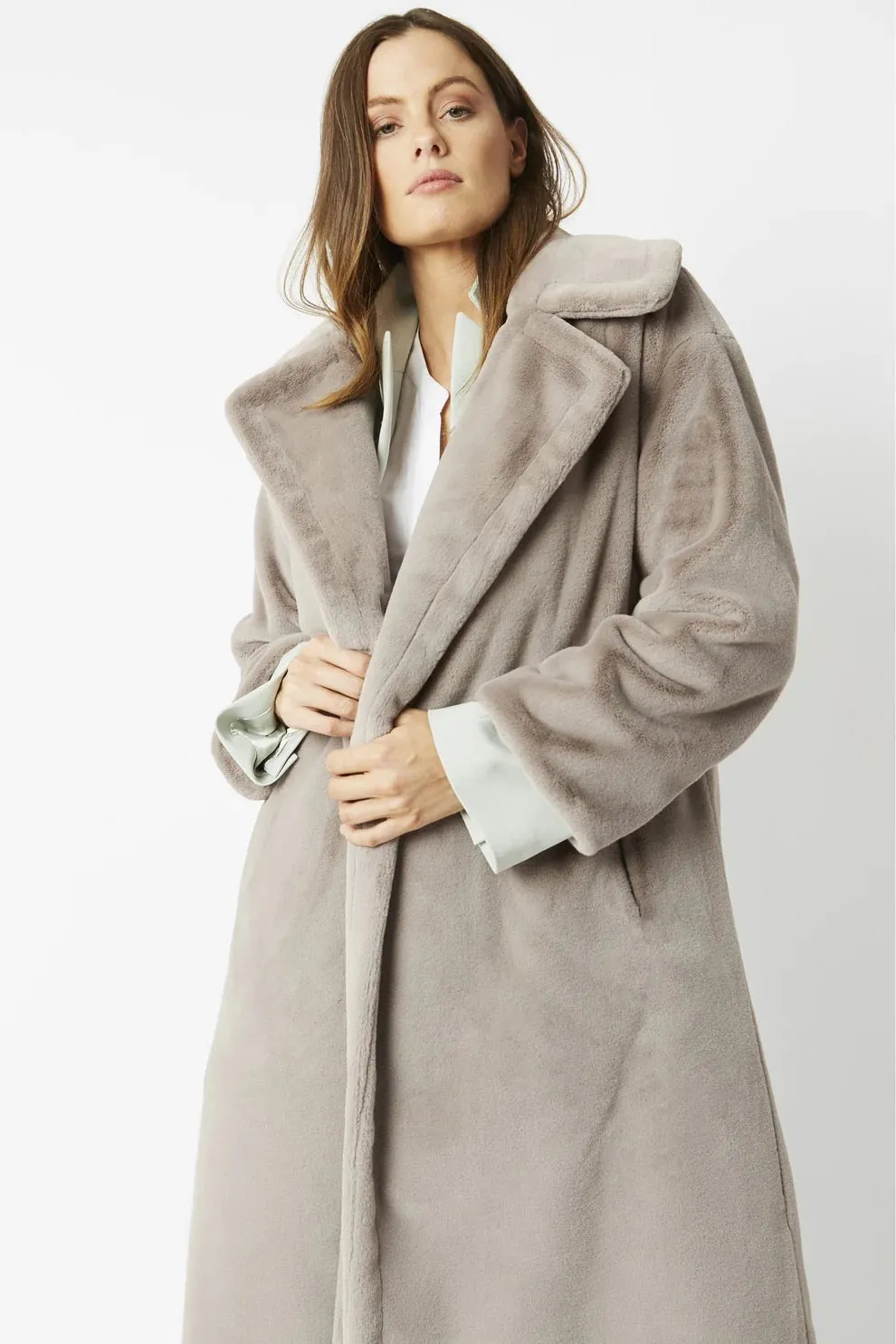 Light Grey Faux Fur Midi Shaved Shearling Coat