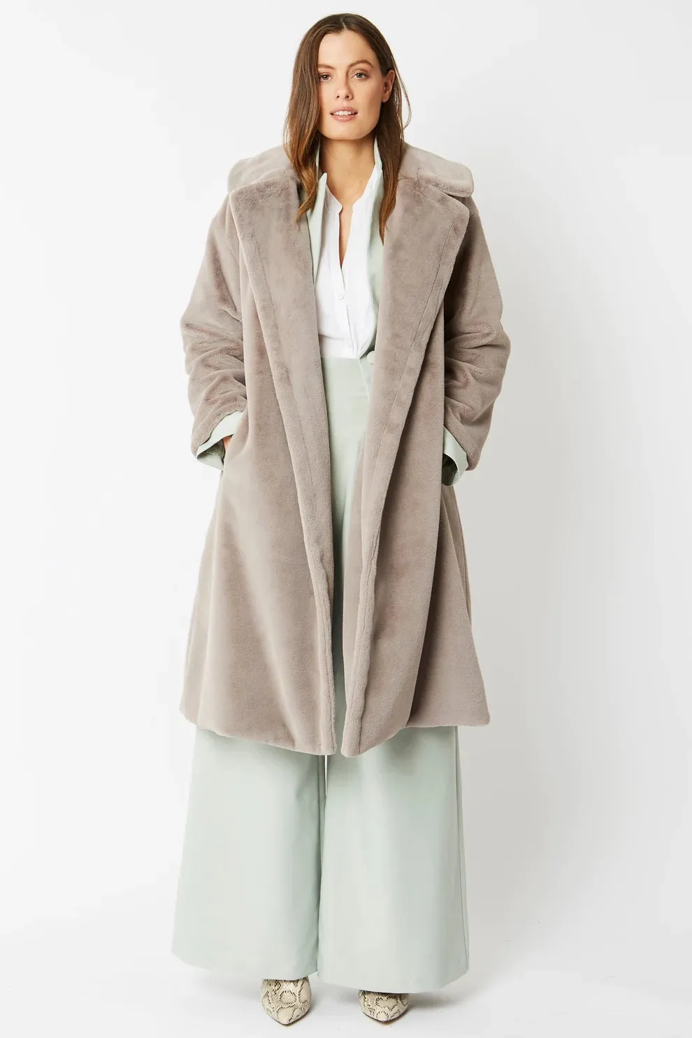 Light Grey Faux Fur Midi Shaved Shearling Coat