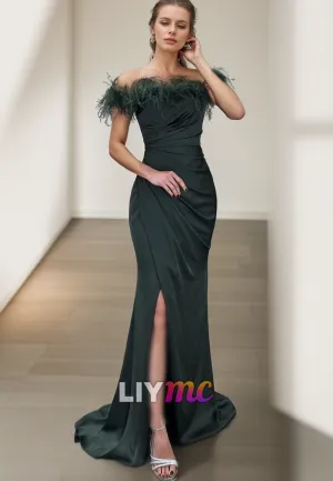 LP2266 - Off-Shoulder Strapless Pleated Feathered Side Slit Sheath Prom Dress