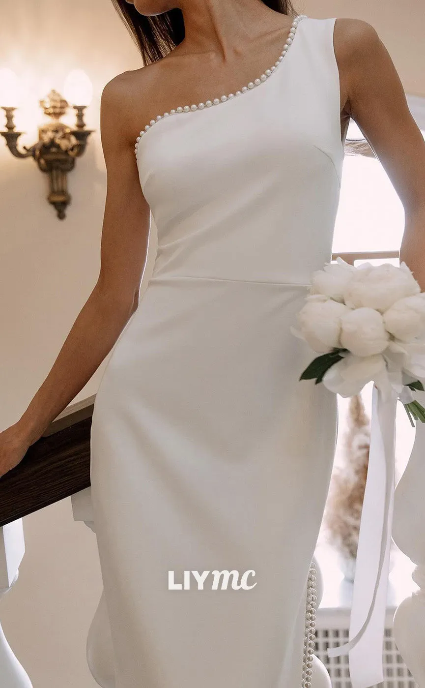 LW945 - Asymmetrical Sleeveless Sleek Satin Side Slit Beach Wedding Dress