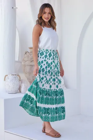 Lyla Green/White Paisley Print Maxi Skirt