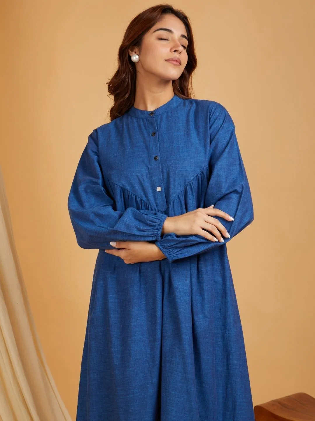 Navy Blue Cotton Linen Long Ghatherd Button Up Dress