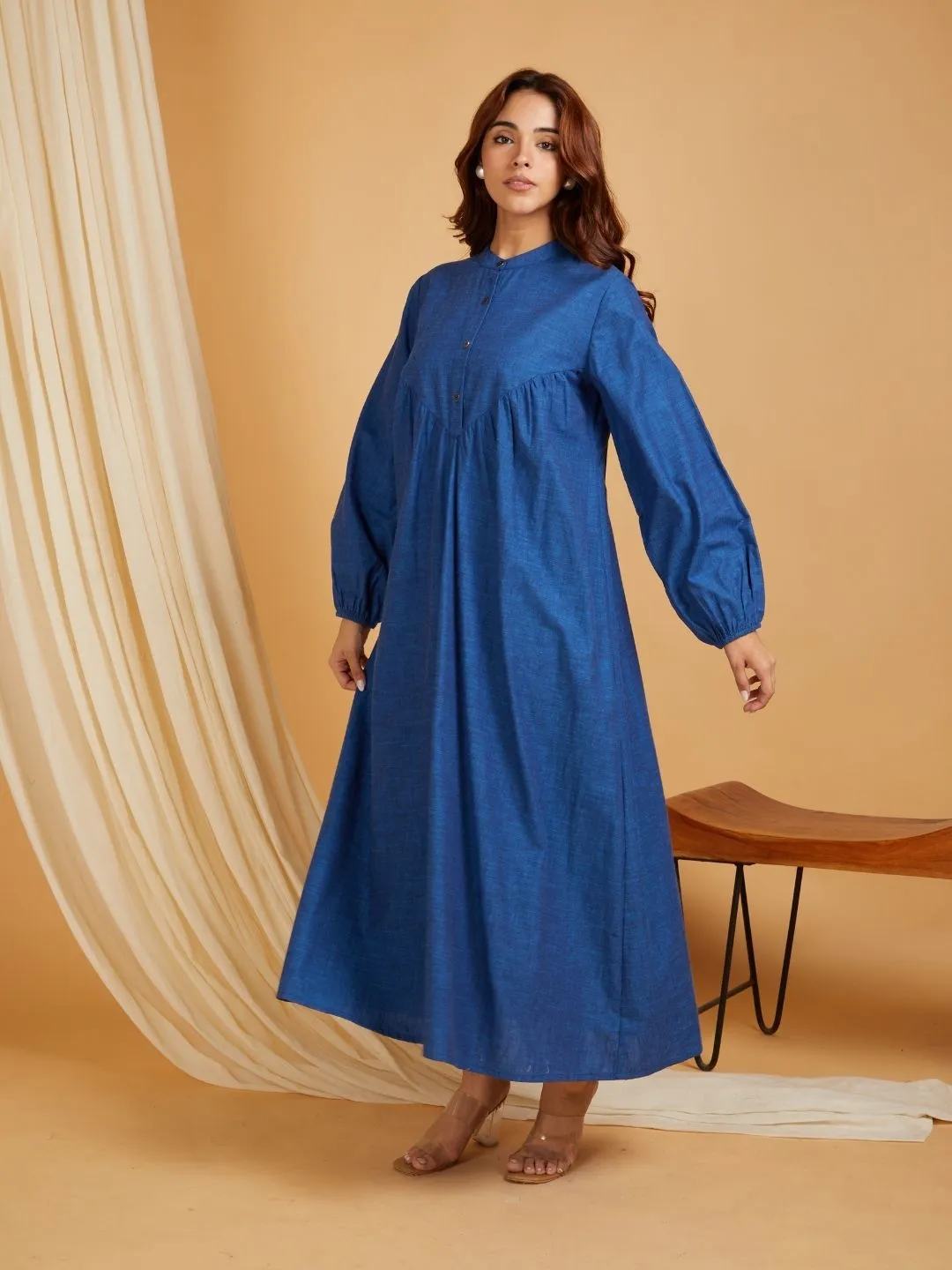 Navy Blue Cotton Linen Long Ghatherd Button Up Dress