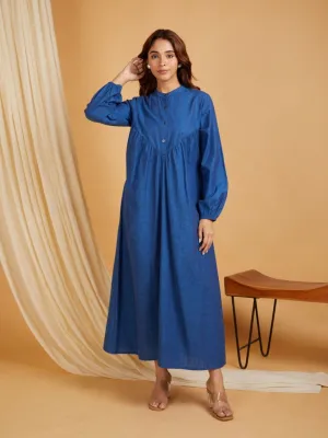 Navy Blue Cotton Linen Long Ghatherd Button Up Dress