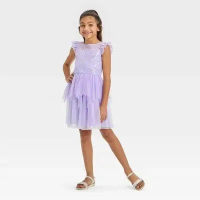 New - ZENZI Girls' Embroidered Tiered Mesh Sequin Dress Flutter Cap Sleeve