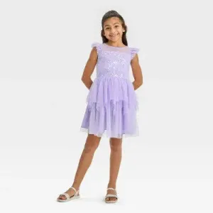 New - ZENZI Girls' Embroidered Tiered Mesh Sequin Dress Flutter Cap Sleeve