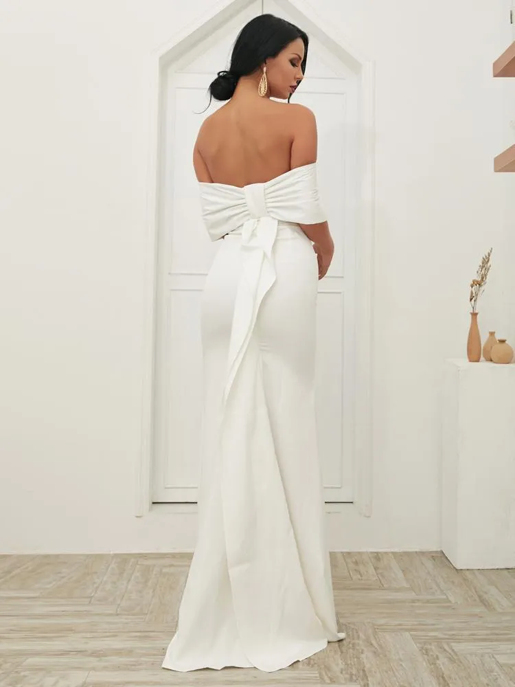 Off Shoulder Bodycon White Dress With Big Bow