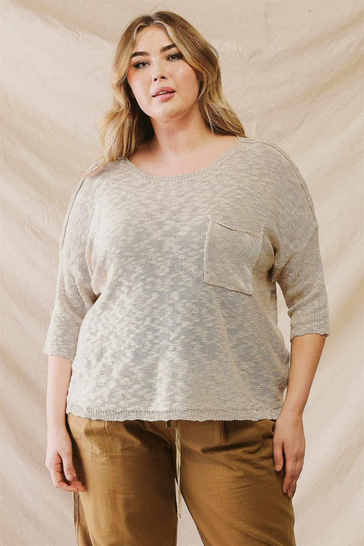 Plus Size Oatmeal Textured Midi Sleeve Knit Top /3-2-1