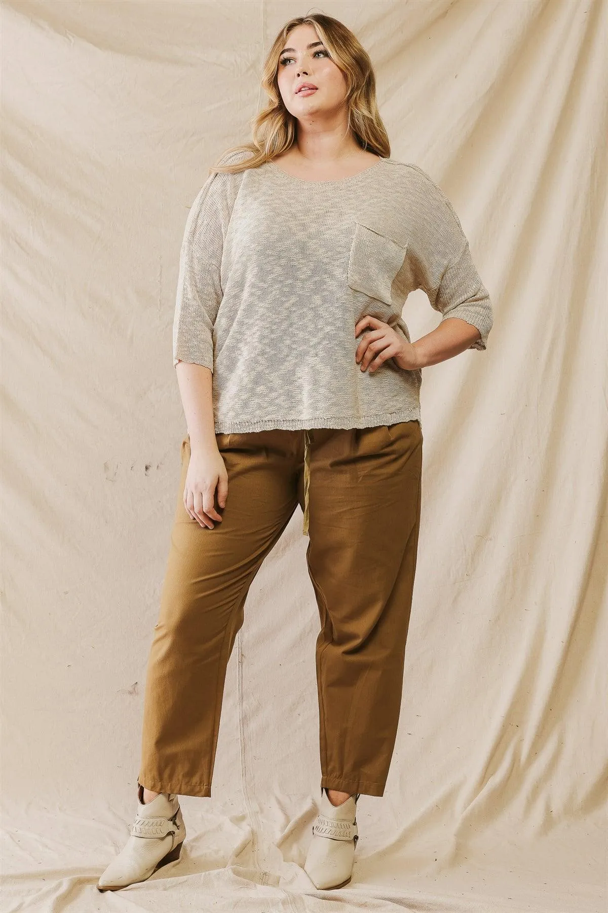 Plus Size Oatmeal Textured Midi Sleeve Knit Top /3-2-1