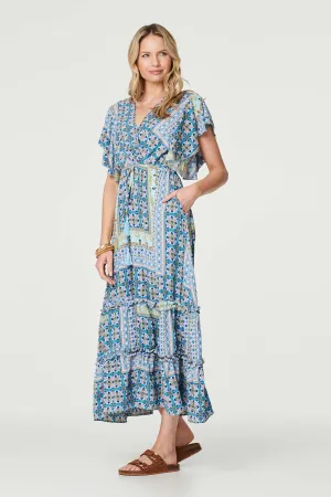 Printed Frill Sleeve Maxi Dress