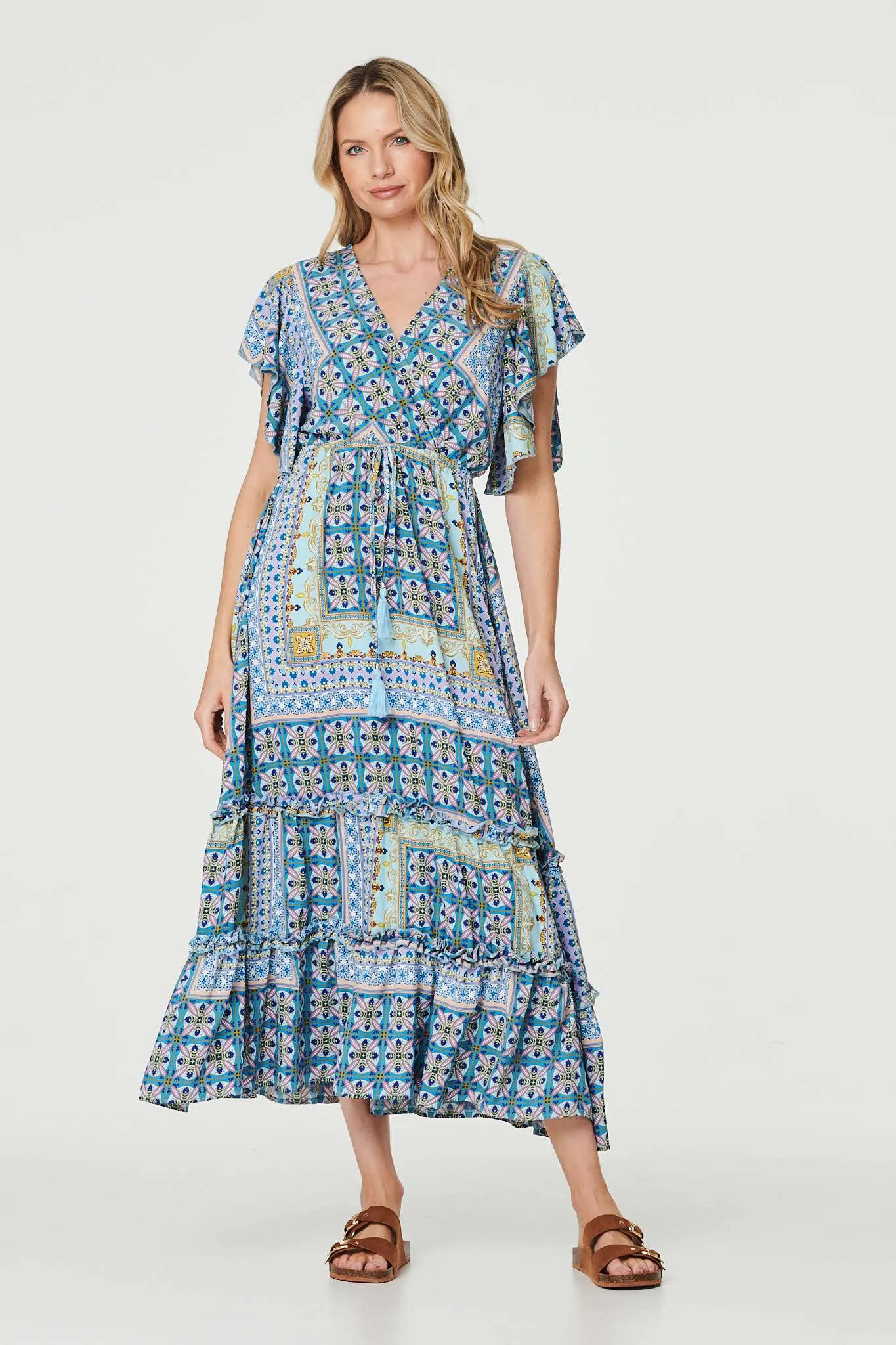 Printed Frill Sleeve Maxi Dress