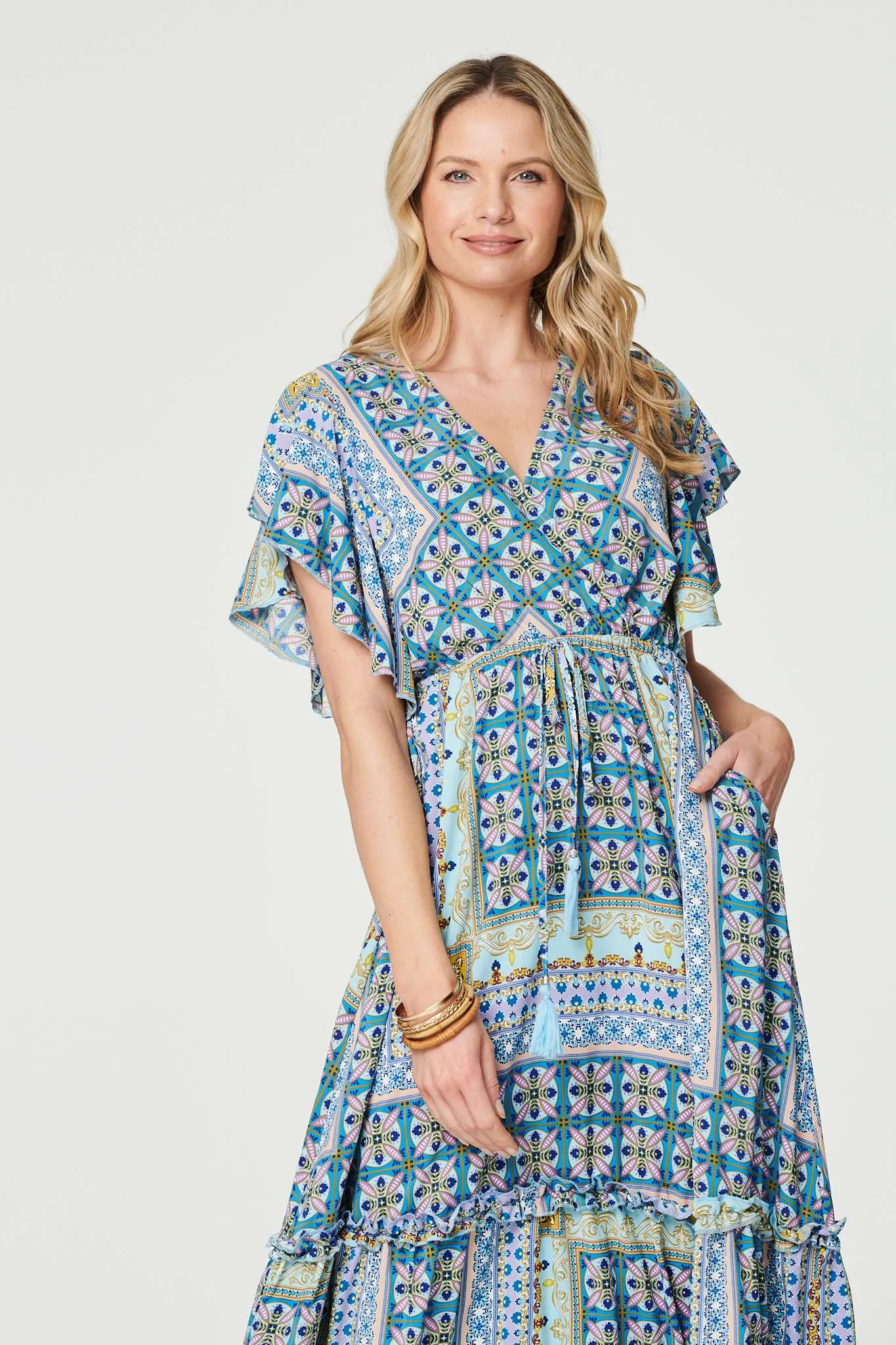 Printed Frill Sleeve Maxi Dress