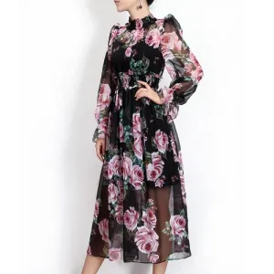 Romantic Rose Print Spring Elegant Turtleneck Waist Elastic Maxi Dress