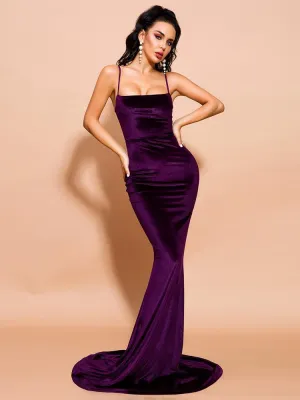 Square Neck Elegant Violet Purple Velvet Long Dress