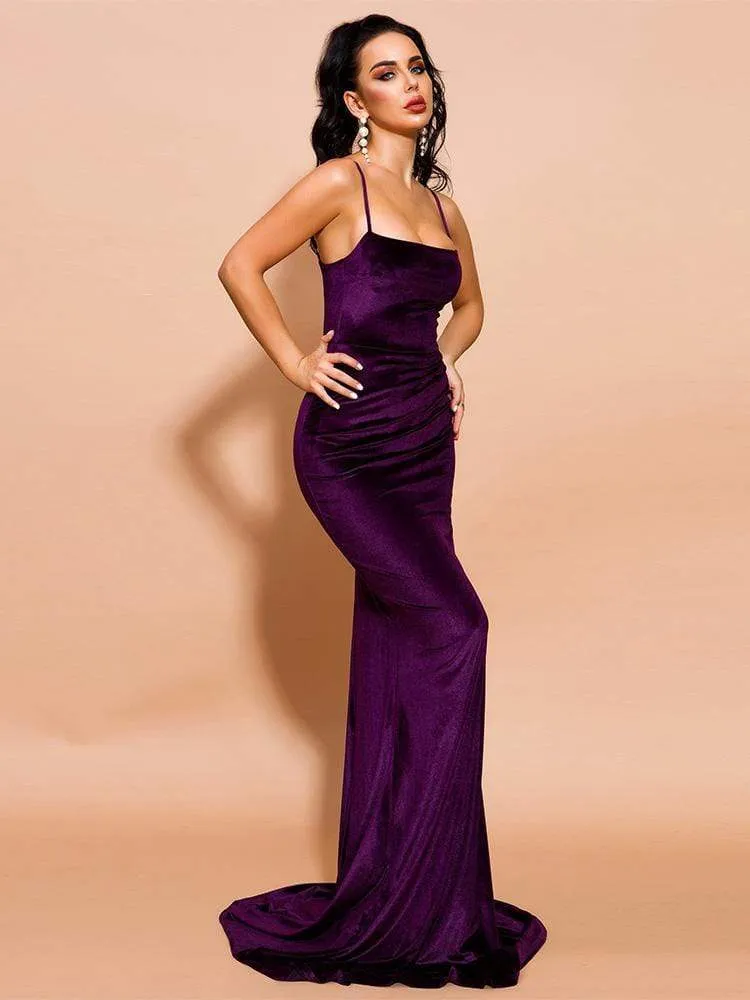 Square Neck Elegant Violet Purple Velvet Long Dress