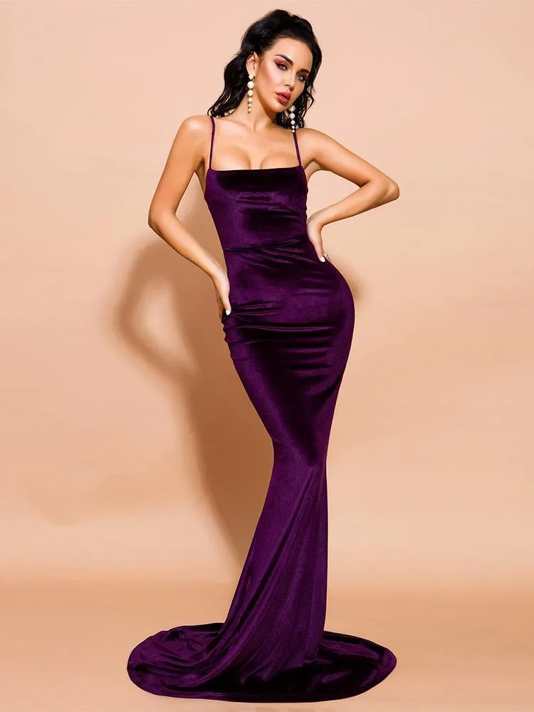 Square Neck Elegant Violet Purple Velvet Long Dress