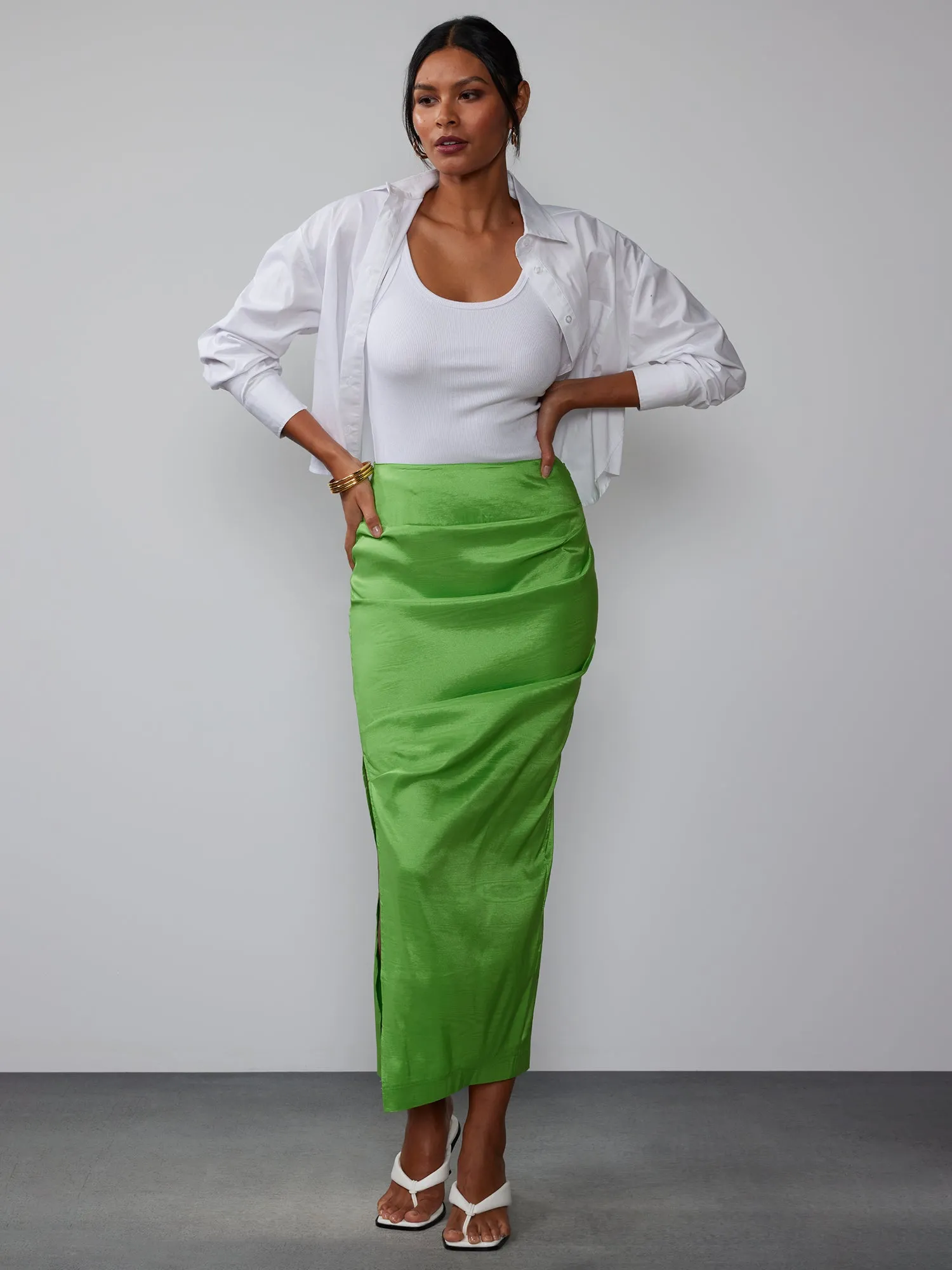 Taffeta Pleated Maxi Column Skirt