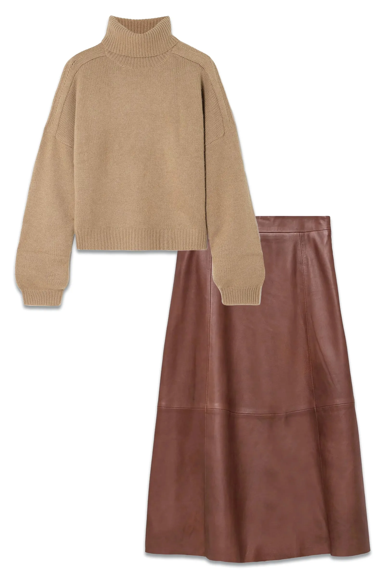 Tan Leather A-Line Midi Skirt