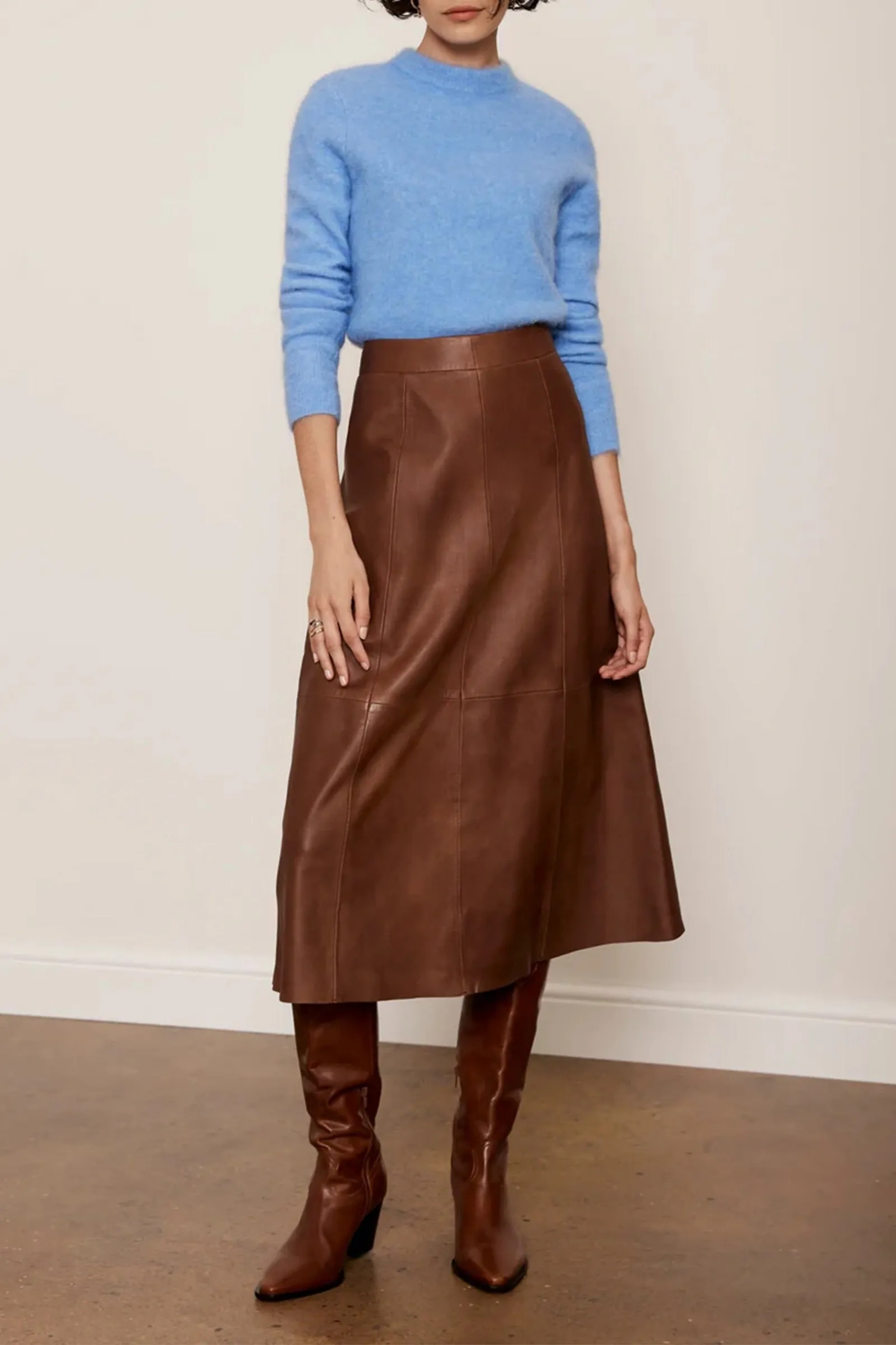 Tan Leather A-Line Midi Skirt